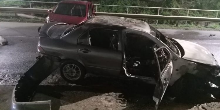 Car caught on fire after accident on the L.B.Scott road.