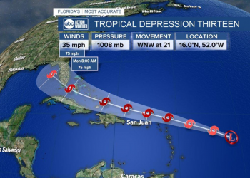 Sint Maarten under a Tropical Storm Watch. Tropical Depression #13 expected to become a Storm