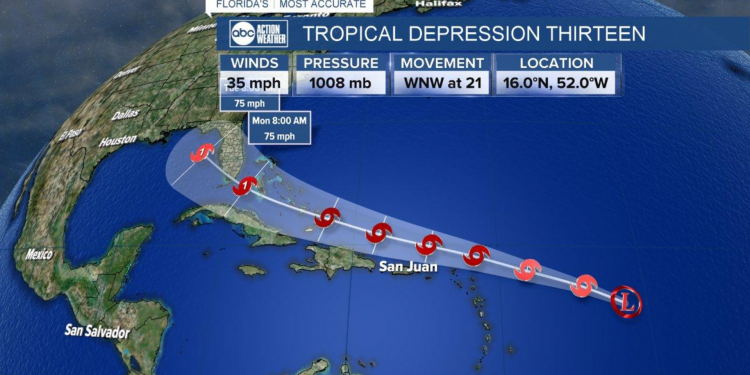 Sint Maarten under a Tropical Storm Watch. Tropical Depression #13 expected to become a Storm