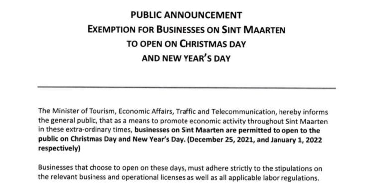 Exemption for Businesses to Open on Christmas Day and New Year’s Day