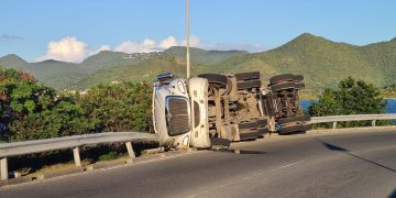 Fuel truck tips over on Airport Road