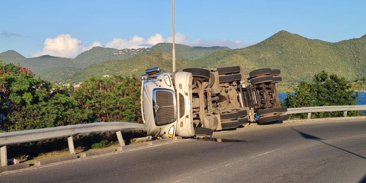 Fuel truck tips over on Airport Road