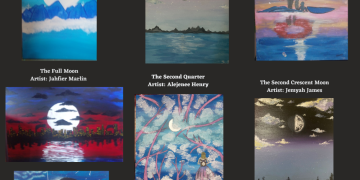 Obra de arte del Parlamento de la Juventud de Sint Maarten titulada “The Seven Fases de la Luna” exhibida en la Casa del Parlamento