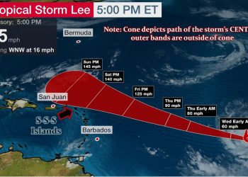 Actualización de la Tormenta Tropical Lee a las 5:00pm, 5 de Sept.