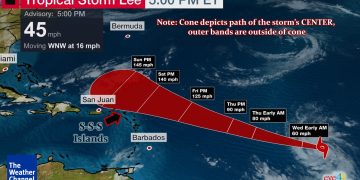 Actualización de la Tormenta Tropical Lee a las 5:00pm, 5 de Sept.
