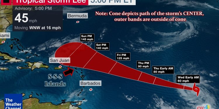 Actualización de la Tormenta Tropical Lee a las 5:00pm, 5 de Sept.