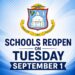 Reapertura de escuelas el martes 1ro de septiembre